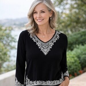 Talbots Petites Italian Yarn Knit Top Sz‎ M Black Embroidered Sequin V-Neck Chic
